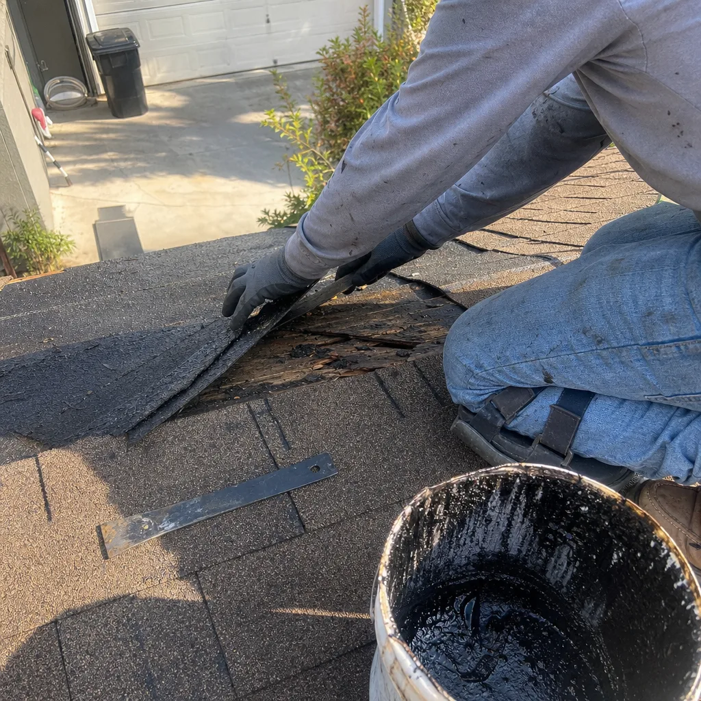 Professional roofer repairing damaged shingles on a residential roof