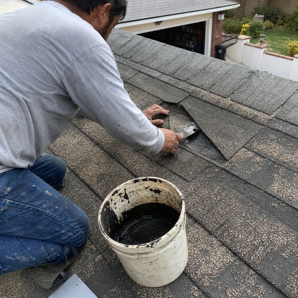 Professional roofer performing expert asphalt shingle roof repair and maintenance