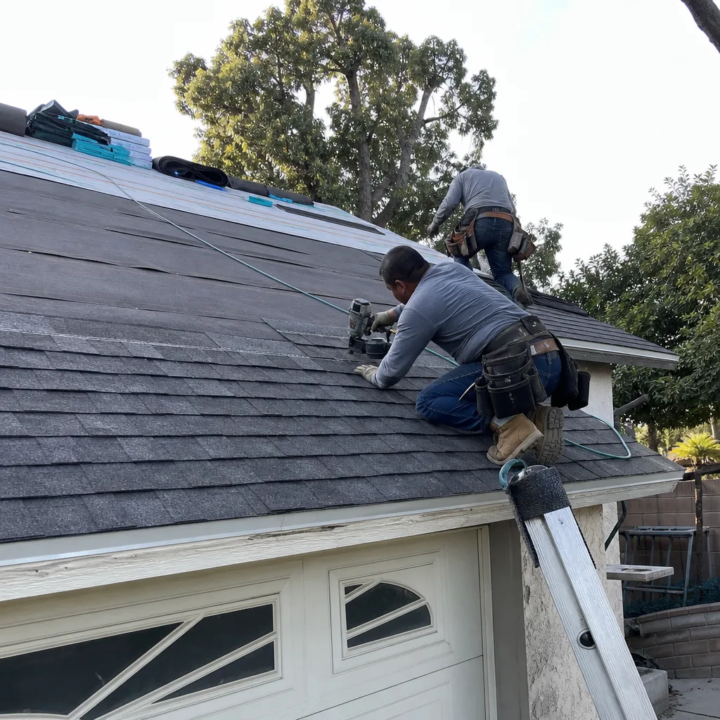 Two professional roofers installing new asphalt shingles on a residential roof
