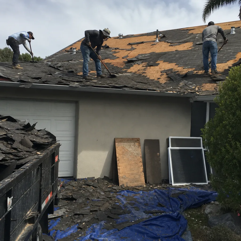 Three professional roofing contractors performing a residential roof replacement