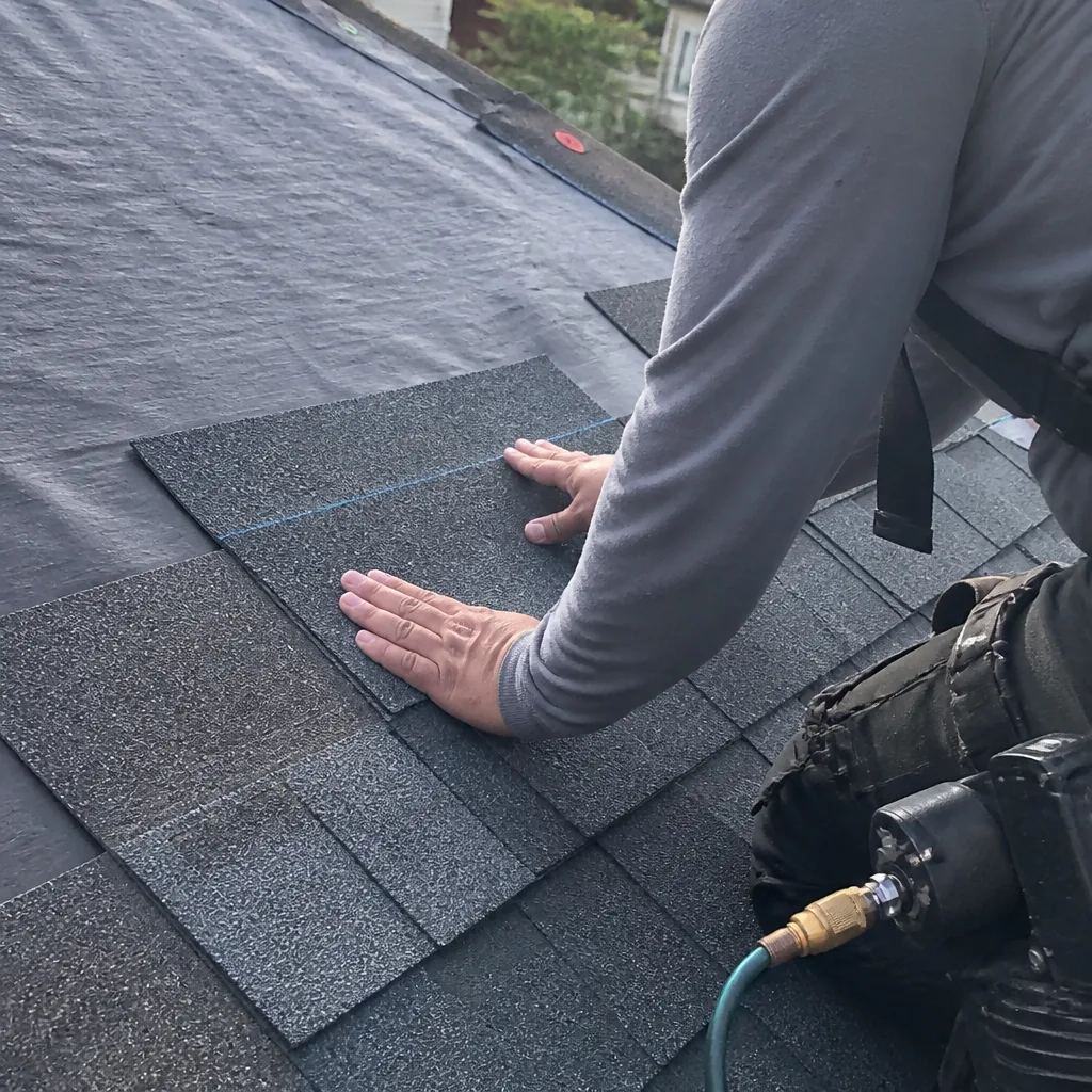 Roofing contractor installing new asphalt shingles on a residential home roof