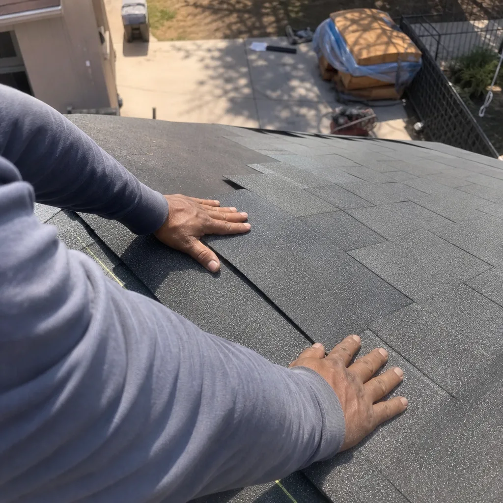 Professional roofer installing high-quality asphalt shingles on a residential roof