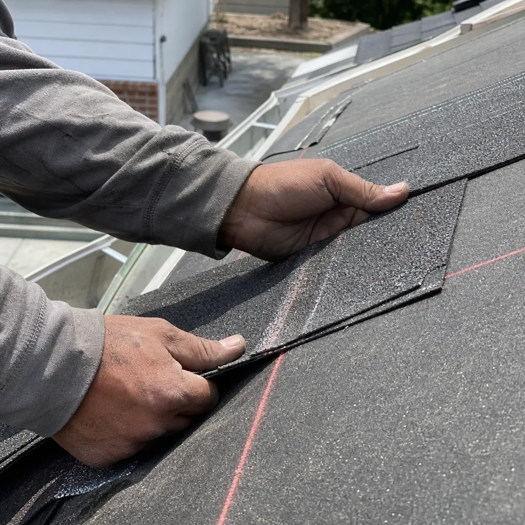 professional roofing contractor installing asphalt shingles on a residential home roof