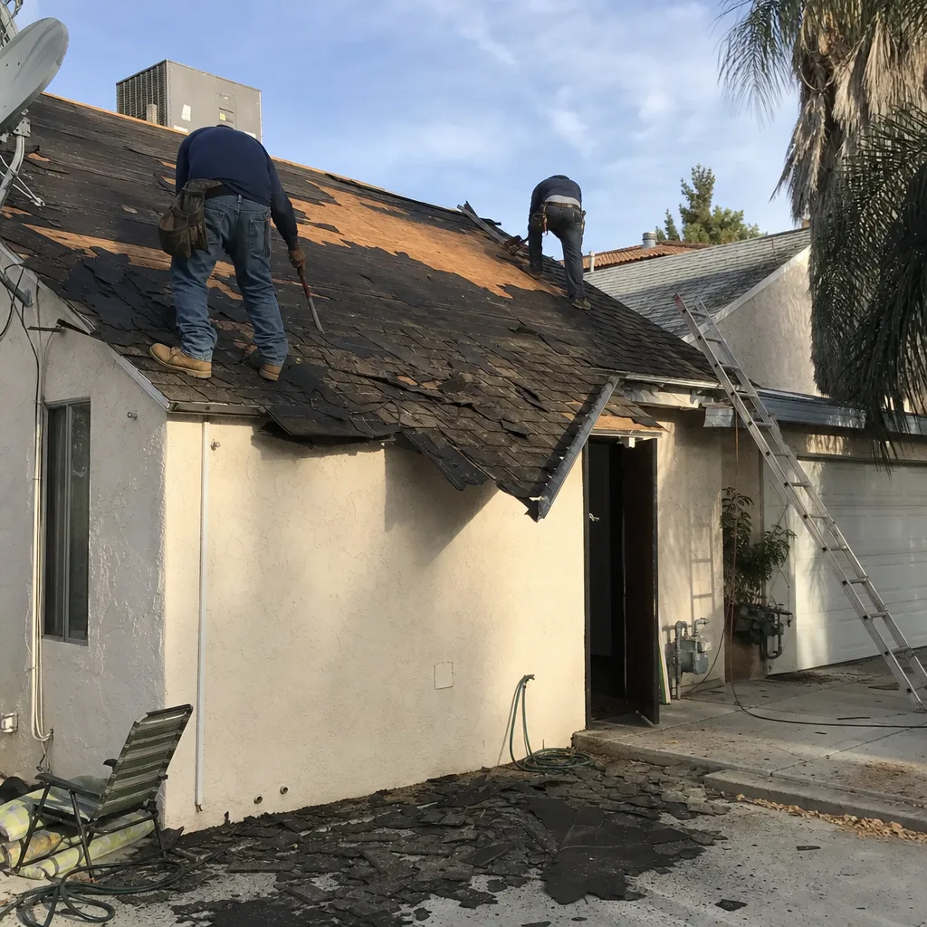 Two professional contractors removing old asphalt shingles from a residential roof.